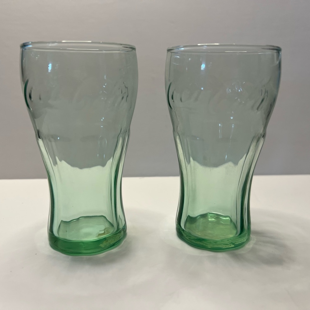 Set Of 2 Vintage COCA COLA GREEN 6.25 ounce Mini Glasses w/ Embossed Logo . 4 In